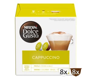 Caja de cápsulas NESCAFÉ® DOLCE GUSTO® Cappuccino, café espumoso con leche cremosa.