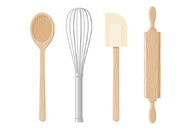 Cucharón, batidor, espátula y rodillo para una cocina para principiantes.
