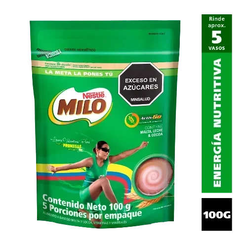 Empaque Milo 100 g, rinde 5 vasos, contiene malta, leche y cocoa, sello exceso en azúcares.