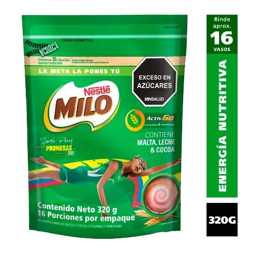 Empaque Milo® 320 g, rinde 16 vasos, contiene malta, leche y cocoa, sello exceso en azúcares.