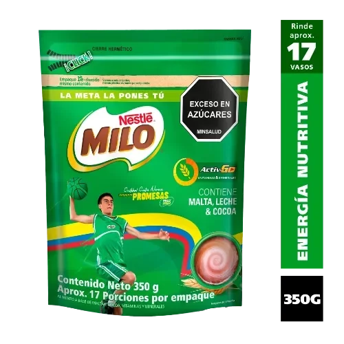 Empaque MILO 350 g, rinde 17 vasos, contiene malta, leche y cocoa, sello exceso en azúcares.