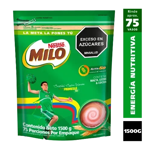 Empaque de MILO 1500 g, rinde 75 vasos, contiene malta, leche y cocoa, con sello de exceso en azúcares.