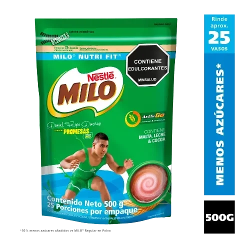 Empaque Milo Nutri Fit 500 g, rinde 25 vasos, menos azúcares, contiene edulcorantes, malta, leche y cocoa.