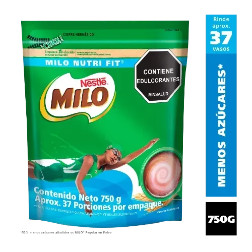 Empaque Milo Nutri Fit 750 g, rinde 37 vasos, menos azúcares, contiene edulcorantes, malta, leche y cocoa.