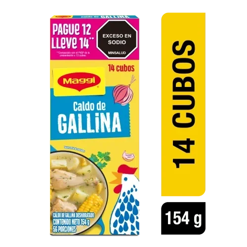 Imagen frontal del producto Caldo de Gallina MAGGI Desmenuzado paga 12 lleva 14 sobres x 126g
