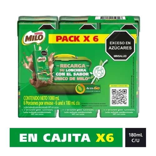 Pack de 6 cajas Milo 180 mL, leche semidescremada con cocoa, sello exceso en azúcares.