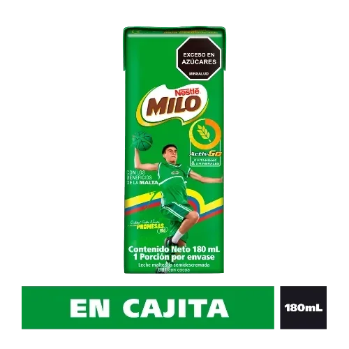 Caja individual de Milo 180 mL, leche semidescremada con cocoa, sello de exceso en azúcares.