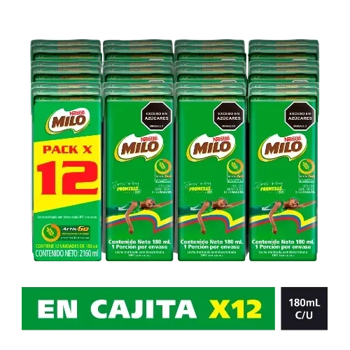 Pack de 12 cajas de MILO 180 mL cada una, leche maltada con cacao, exceso en azúcares