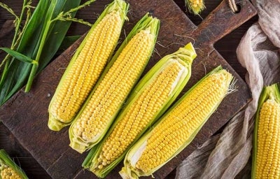 Maíz, un ingrediente de la comida casera de la región, sobre una tabla de madera 