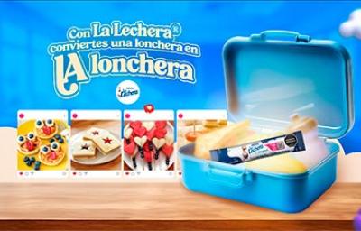 Lonchera azul con alimentos y productos de La Lechera, destacando ideas para la lonchera creativas y fáciles de preparar.