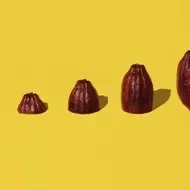 Semillas y frutos de cacao alineadas sobre un fondo amarillo para celebrar el Día Internacional del Cacao