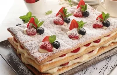 MILHOJAS CON CREMA PASTELERA FRUTAL Y GELLÉ DE MARACUÝA MILHOJAS CON CREMA PASTELERA FRUTAL Y GELLÉ DE MARACUÝA