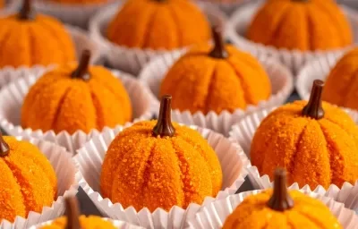 Fotografía en tonos anaranjados con varios brigadeiros en forma de calabaza en el centro. Los brigadeiros se elaboran con calabaza cocida, rebozada en azúcar y decorada con un clavo de olor para imitar la forma de una calabaza.