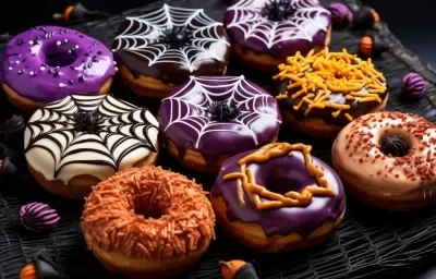 Una fotografía en tonos oscuros y coloridos que muestra varias rosquillas en el centro. Las rosquillas están decoradas con motivos de Halloween, como ratones y telarañas, en colores morado, naranja, negro y blanco.