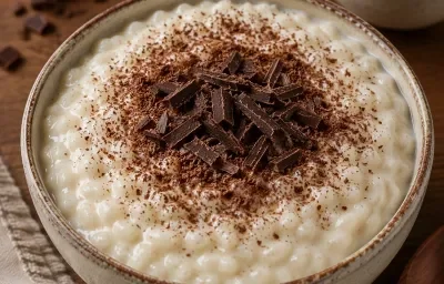Arroz de leche cremoso con chocolate semiamargo y canela espolvoreada, servido en tazón