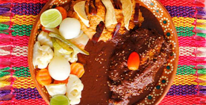 El mole es un plato muy común para los turistas que visitan México. Un plato de mole con pollo y ensalada, muy famoso en el turismo gastronómico de México.