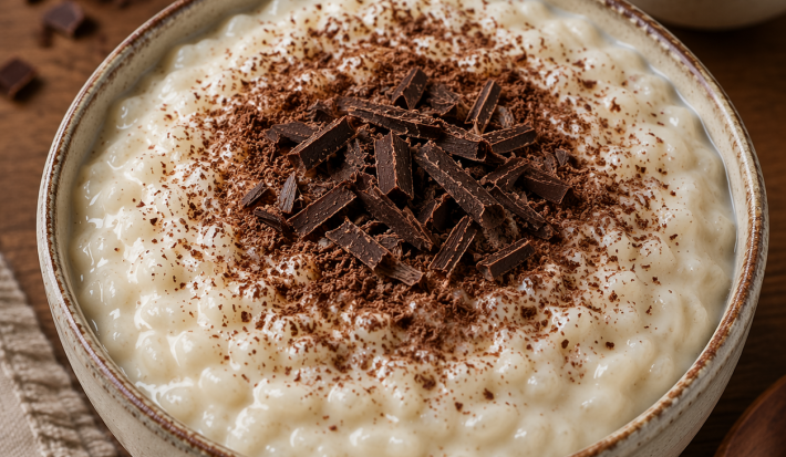 Arroz de leche cremoso con chocolate semiamargo y canela espolvoreada, servido en tazón