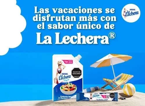 Banner de vacaciones llenas de sabor con La Lechera: recetas dulces, fáciles y perfectas para compartir en familia.
