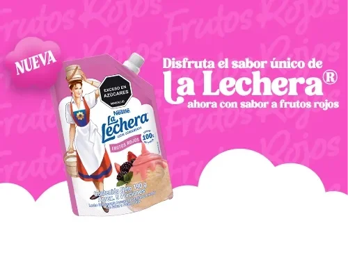 Banner nuevo producto de La Lechera leche condensada con Frutos Rojos que funciona como topping y golosina