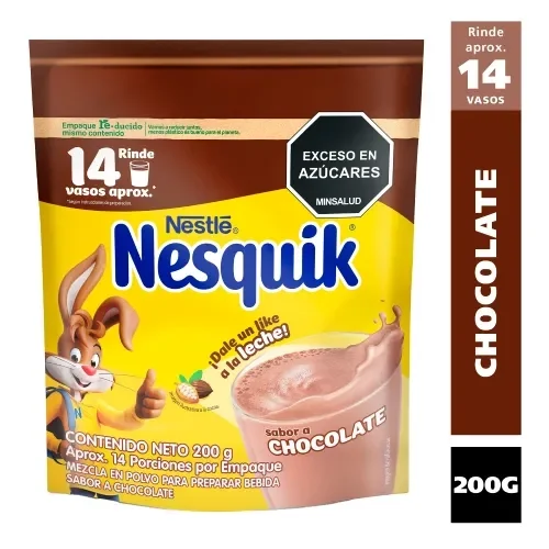 Nestlé NESQUIK® sabor chocolate en polvo, paquete de 200 g, rinde aproximadamente 14 vasos.