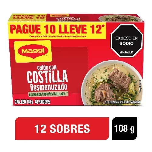 Imagen frontal del producto Caldo con Costilla MAGGI Desmenuzado paga 10 lleva 12 sobres x 108g