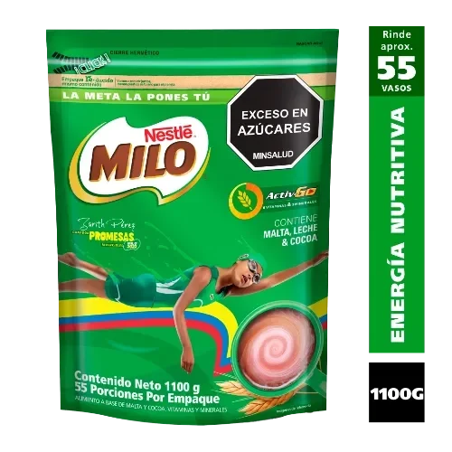 Empaque Milo 1100 g, rinde 55 vasos, contiene malta, leche y cocoa, sello exceso en azúcares.