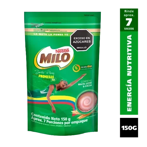 Empaque MILO 150 g, rinde 7 vasos, contiene malta, leche y cocoa, sello exceso en azúcares.