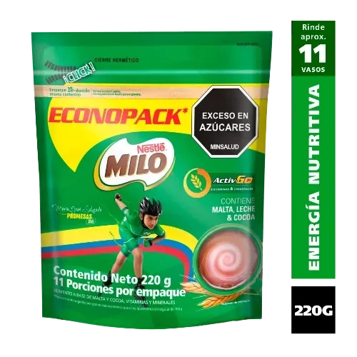 Empaque MILO Econopack 220 g, rinde 11 vasos, contiene malta, leche y cocoa, sello exceso en azúcares.