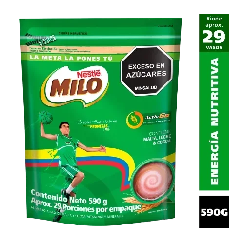 Empaque Milo 590 g, rinde 29 vasos, contiene malta, leche y cocoa, sello exceso en azúcares.