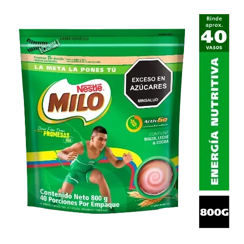 Empaque MILO 800 g, rinde 40 vasos, contiene malta, leche y cocoa, sello exceso en azúcares.