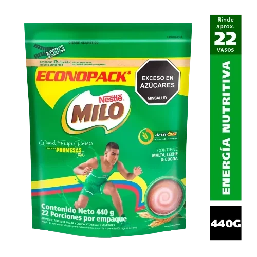 Empaque MILO Econopack 440 g, rinde 22 vasos, contiene malta, leche y cocoa, sello exceso en azúcares.