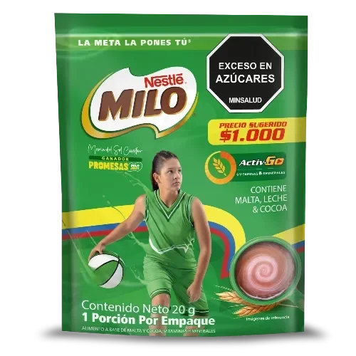 Empaque Milo 20 g, 1 porción, contiene malta, leche y cocoa, sello exceso en azúcares, precio sugerido $1.000.