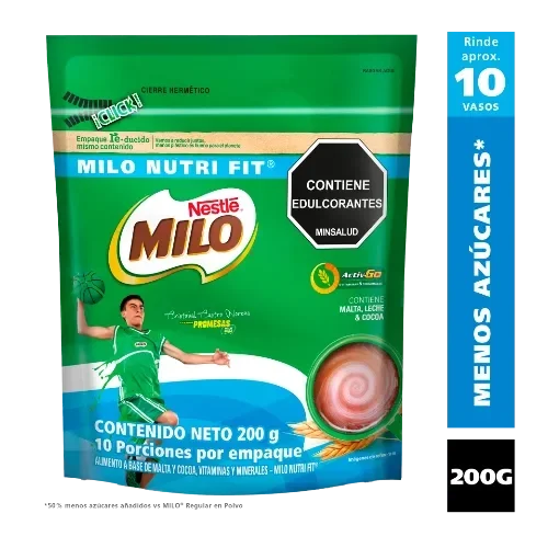 Empaque MILO NutriFit 200 g, rinde 10 vasos, menos azúcares, contiene edulcorantes, malta, leche y cocoa.