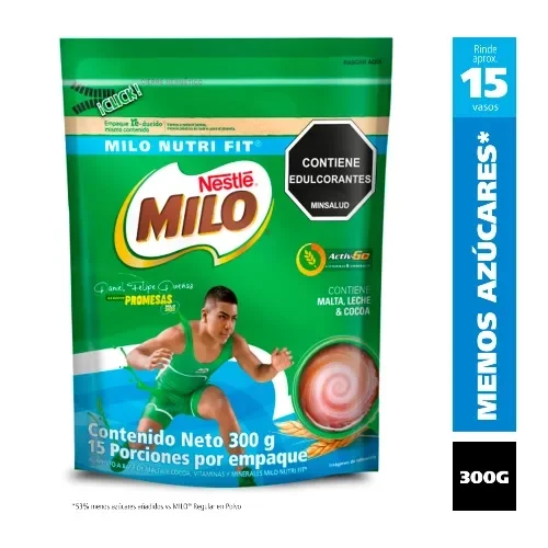 Empaque MILO NutriFit 300 g, rinde 15 vasos, menos azúcares, contiene edulcorantes, malta, leche y cocoa.