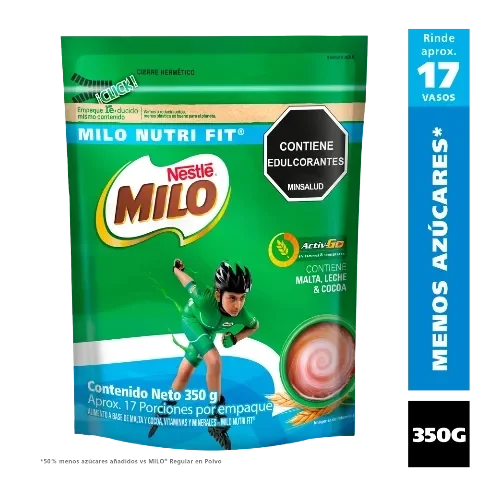 Empaque Milo Nutri Fit 350 g, rinde 17 vasos, menos azúcares, contiene edulcorantes, malta, leche y cocoa.