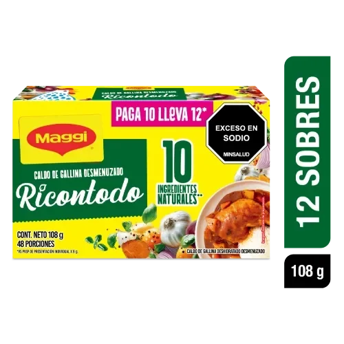 Imagen frontal del producto MAGGI® Caldo de Gallina Desmenuzado Ricontodo pague 10 lleve 12 sobres 9g c/u