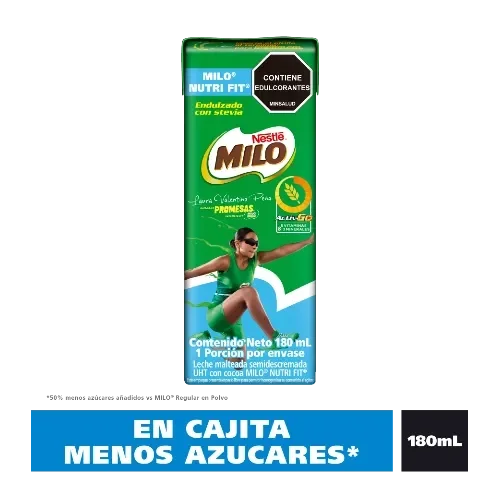 Caja MILO NutriFit 180 mL, endulzado con stevia, menos azúcares, contiene edulcorantes.