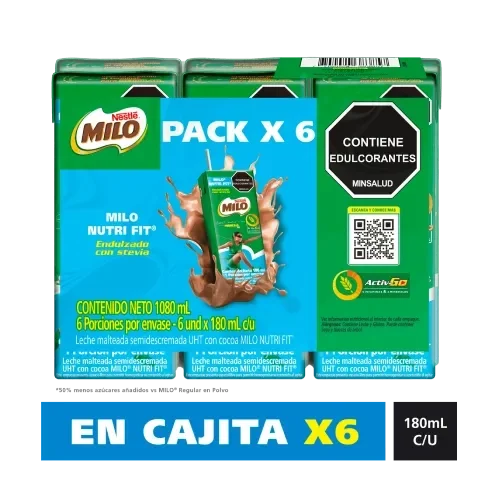 Pack de 6 cajas de MILO® NutriFit 180 mL, endulzado con stevia, contiene edulcorantes.