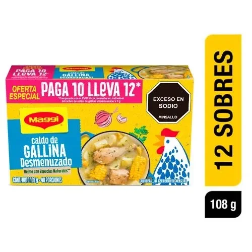 Imagen frontal del producto Caldo de Gallina MAGGI Desmenuzado pague 10 lleve 12 sobres x 90 gr